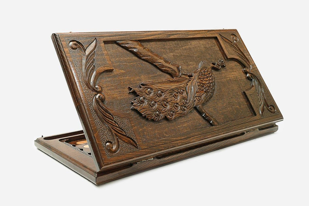 Backgammon Set Peacock - handmade wooden backgammon board