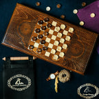 Reverse checkerboard side of the Armenian backgammon set with Hrachya Ohanyan branded carry bag