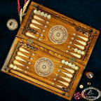 Open Armenian backgammon set 60 cm — hand-carved playing field with rosette medallions and wooden pieces