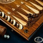 Hand-carved backgammon points with wooden checkers, dice and dice cup — Armenian backgammon board detail