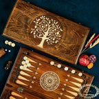 Armenian backgammon set with pomegranate Tree of Life carving — open playing field and carved lid by Hrachya Ohanyan