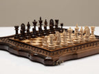 Close-up of the carved wooden chess pieces