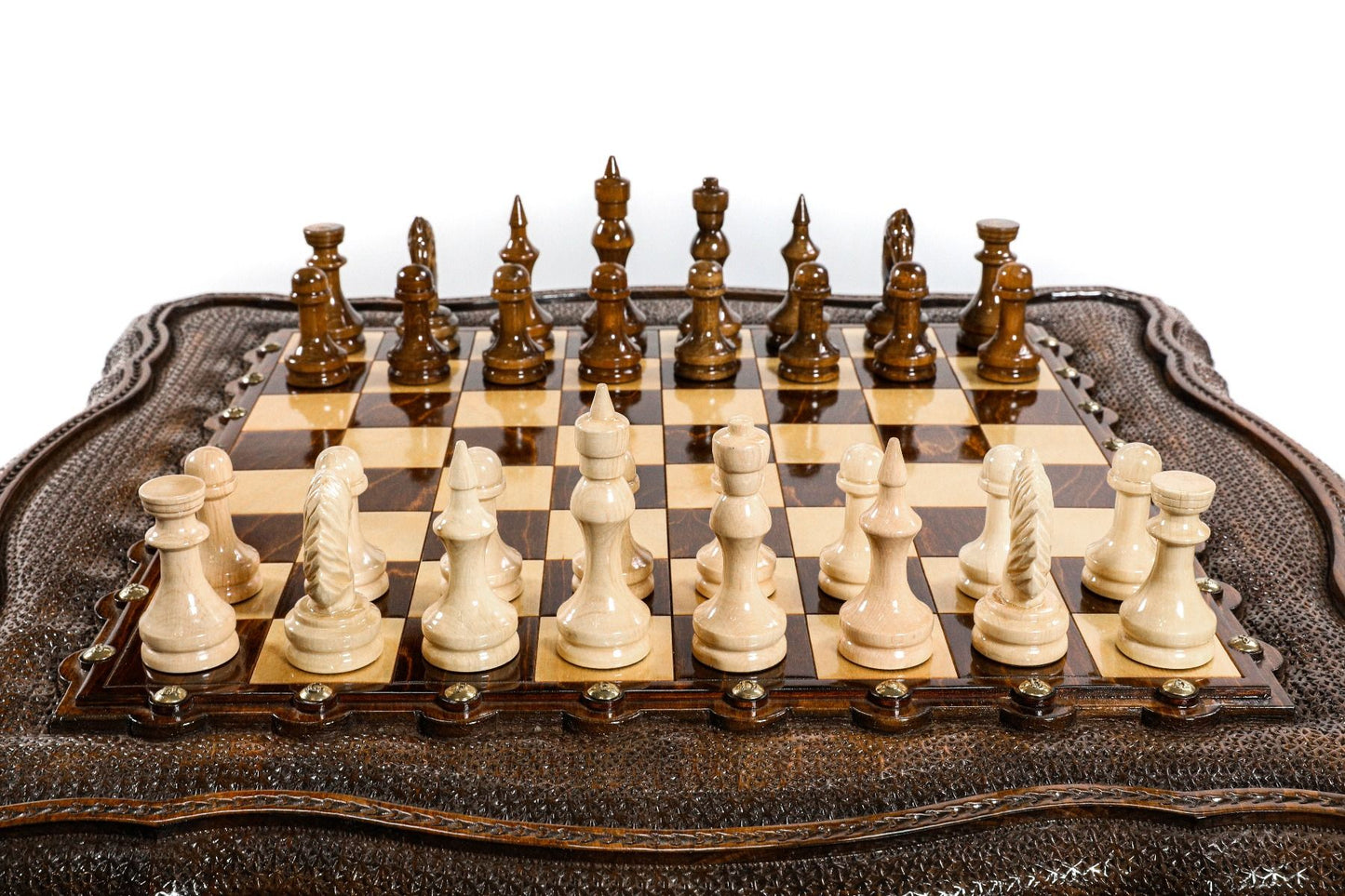 Artistic detail of a specific carving element on the wooden chess table, a masterpiece by Hrachya Ohanyan.