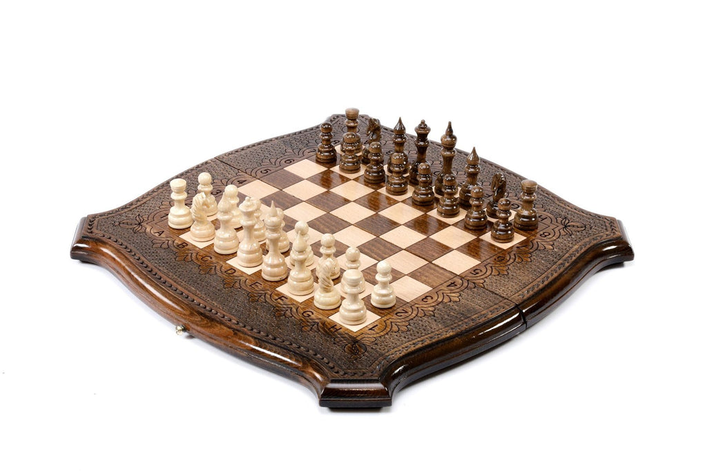 Luxury Armenian chess set with contour outline wooden design