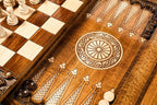 Open storage drawer of the chess and backgammon table