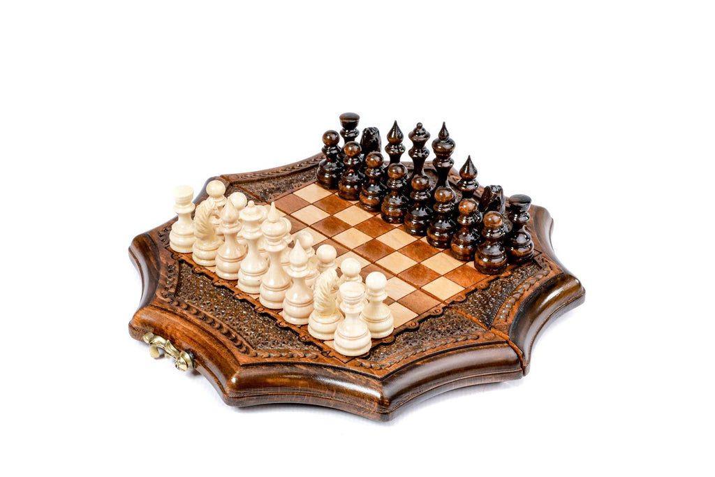 Luxury Armenian star shaped wooden chess set handcrafted design