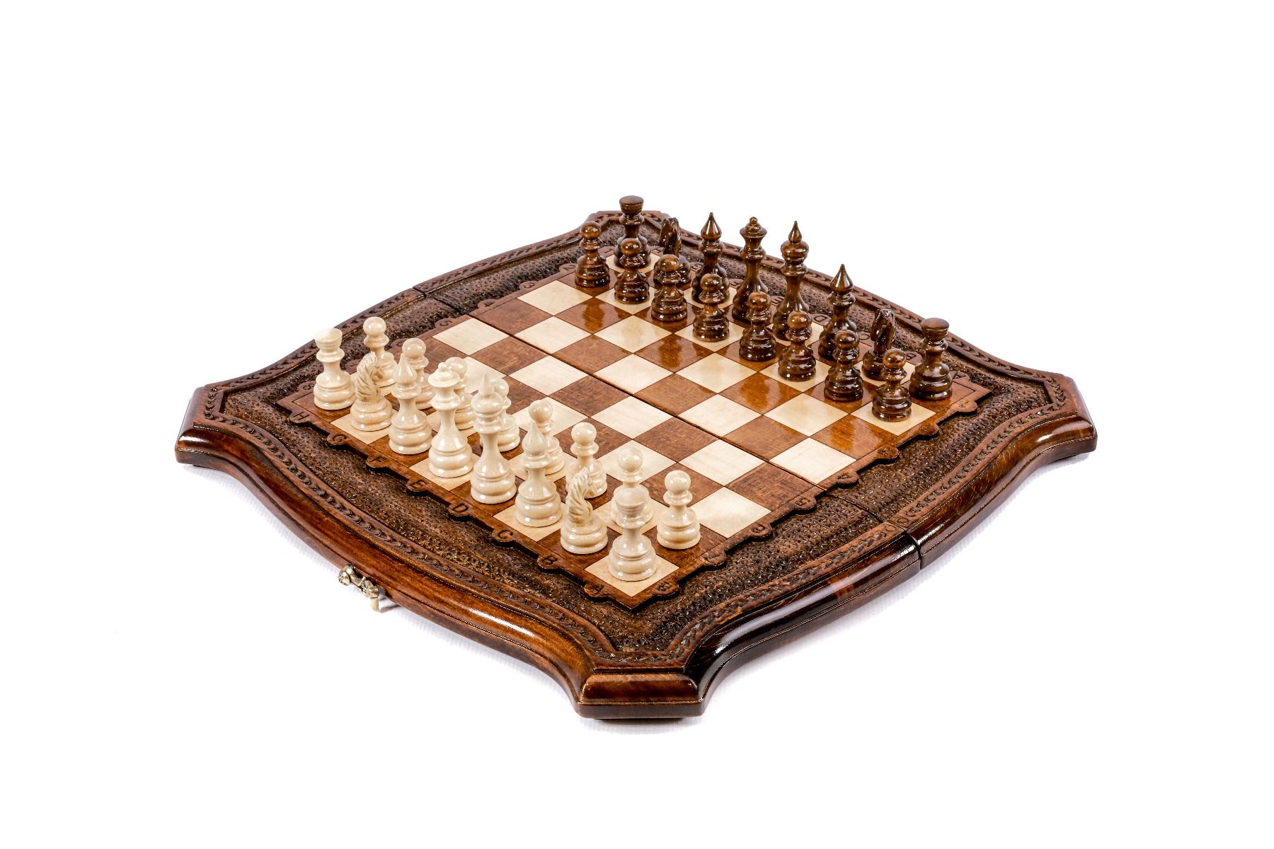 Luxury Armenian chess set with contour outline wooden design