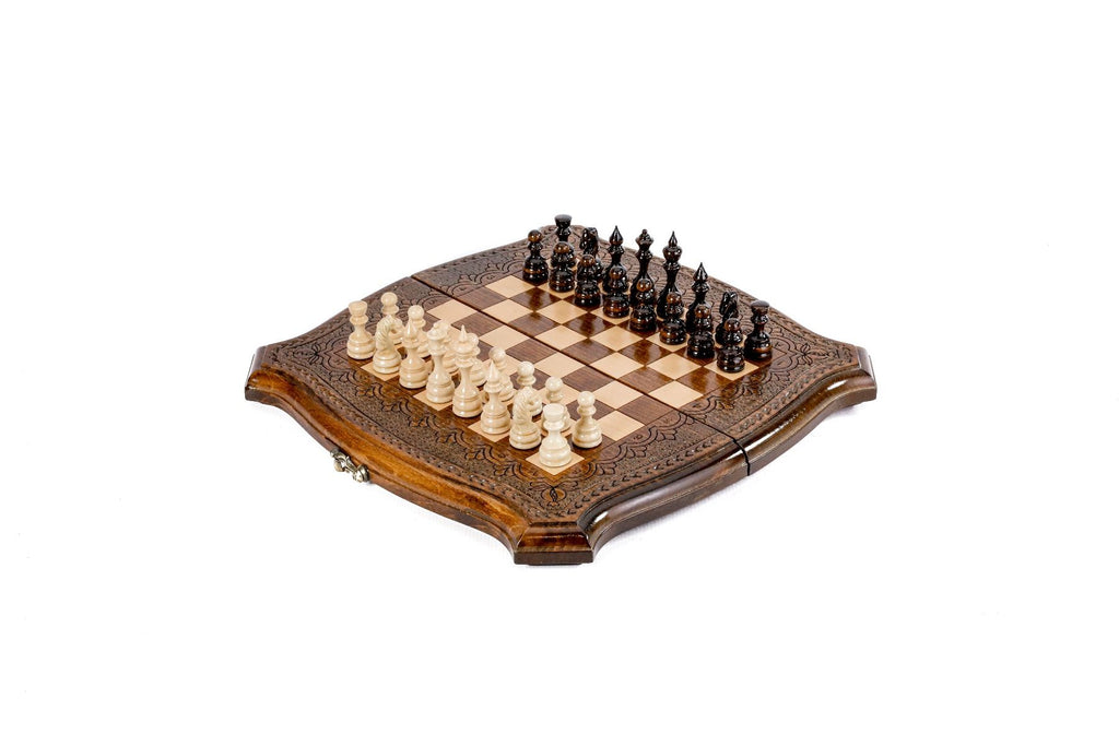 Luxury Armenian chess set with contour outline wooden design