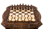 Top-down view of the carved beechwood chessboard