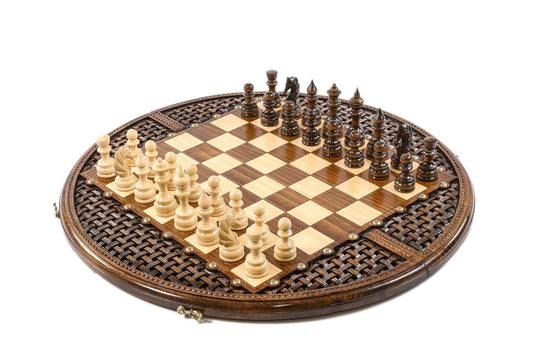Unique circular carved handmade wooden chess set with pieces.