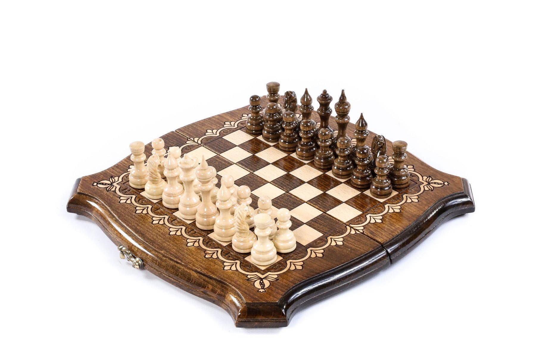 Luxury Armenian wooden chess set with designed contour outline