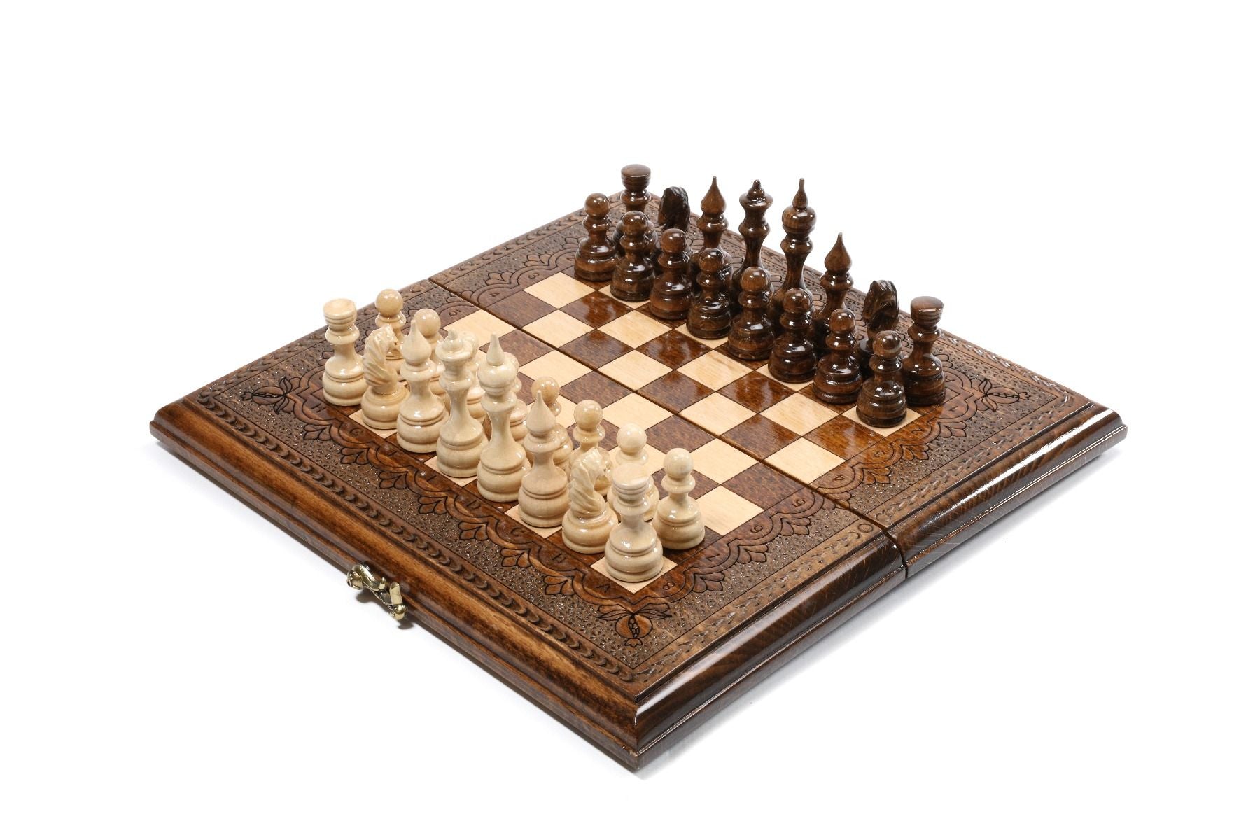 Exterior view of the classic wooden chess and backgammon board showcasing the traditional chessboard layout.