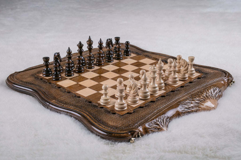 Premium luxury wooden chess set with Armenian Mount Ararat artistic outline