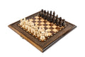 Exterior view of the classic wooden chess-backgammon board displaying the traditional chess grid.