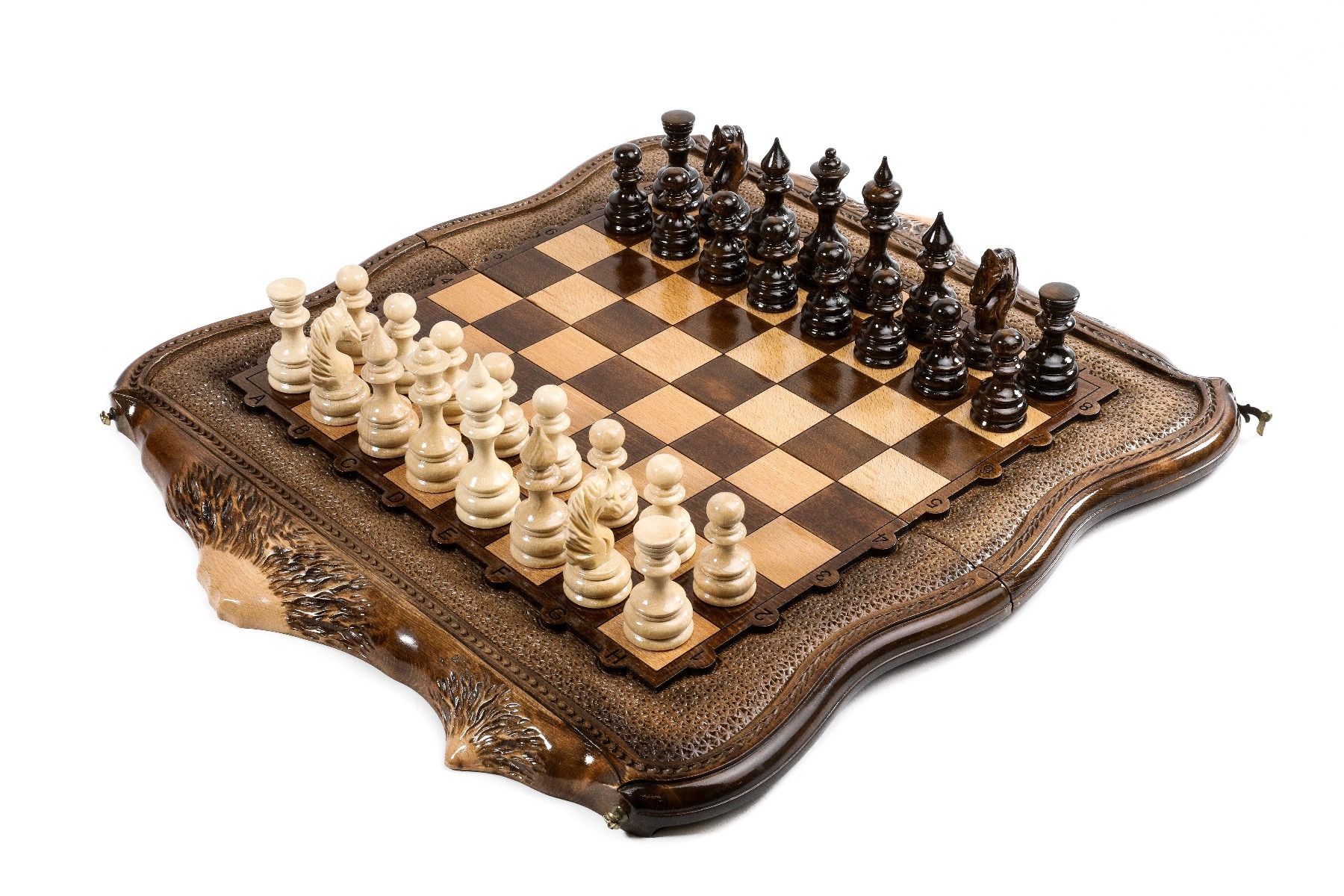 Exterior view of the combined wooden chess and backgammon board featuring the copyrighted Mount Ararat outline.