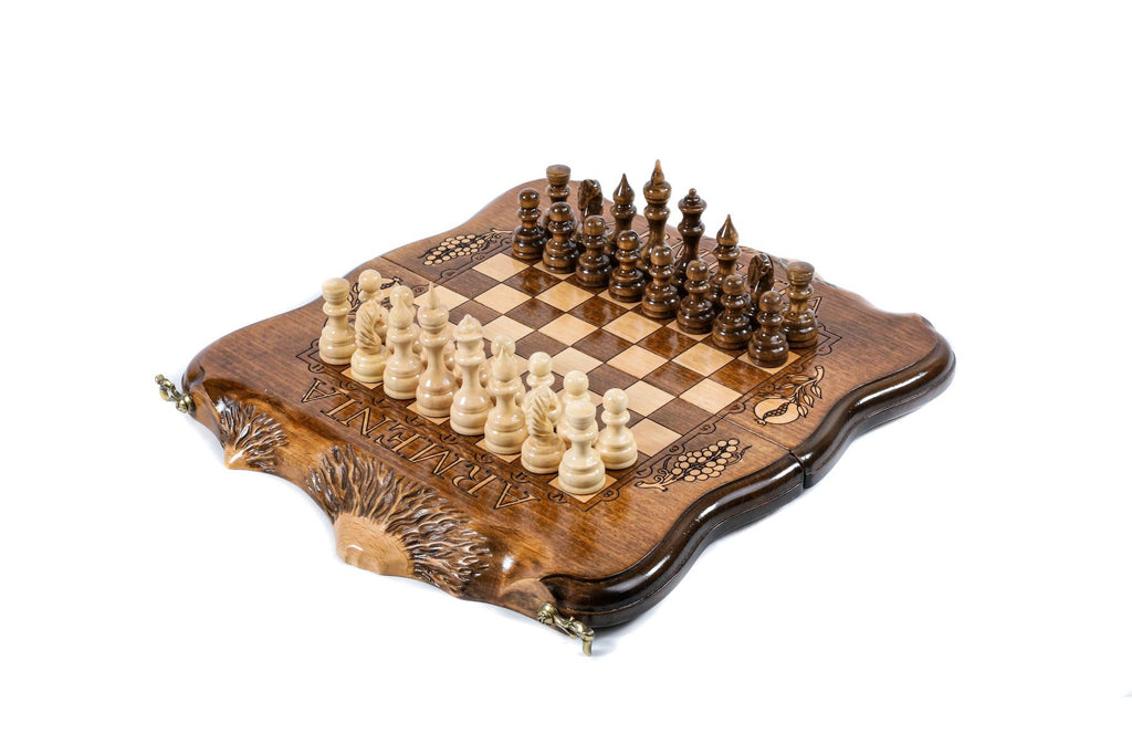 Luxury Armenian Chess Set with Mount Ararat outline wooden chess board