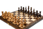 Traditional chess board setup with polished wood design