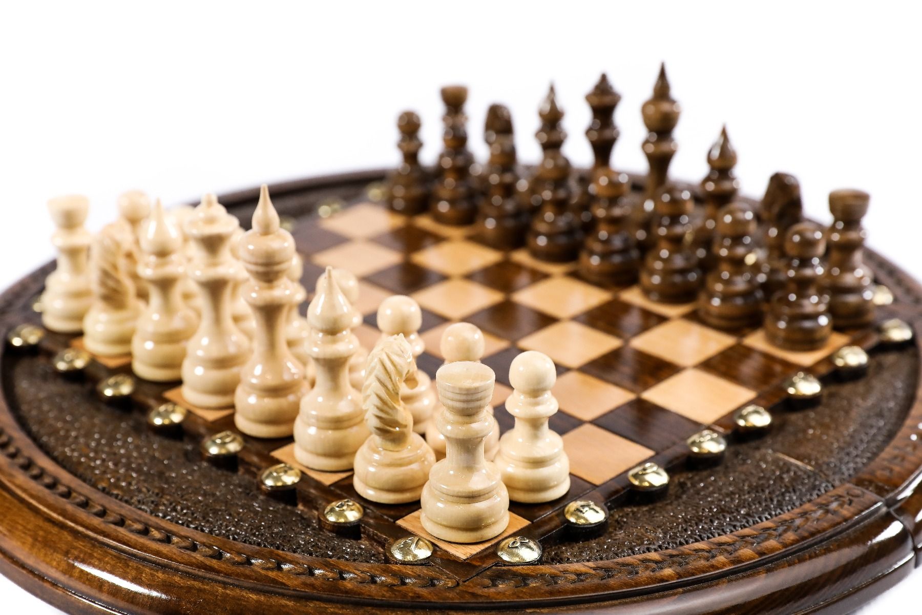 Premium artisan chess set modern circular wooden artwork