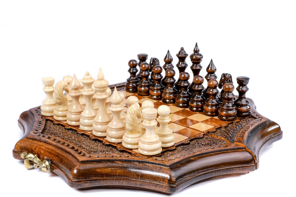 Premium artisan chess set elegant star shaped wooden artwork