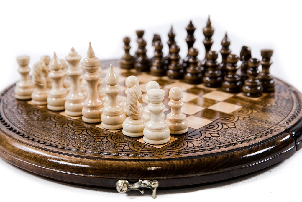 Premium artisan chess set elegant circular wooden artwork