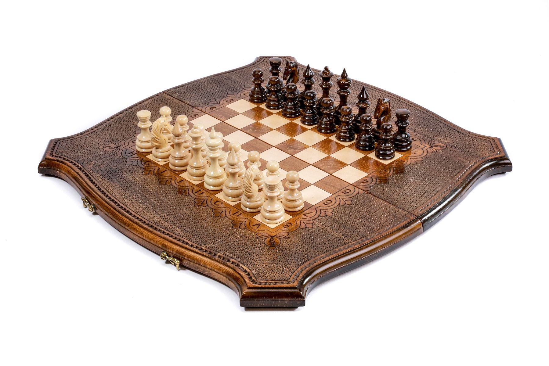 Exterior view of the combined wooden chess and backgammon board featuring the exclusive copyrighted contour outline.