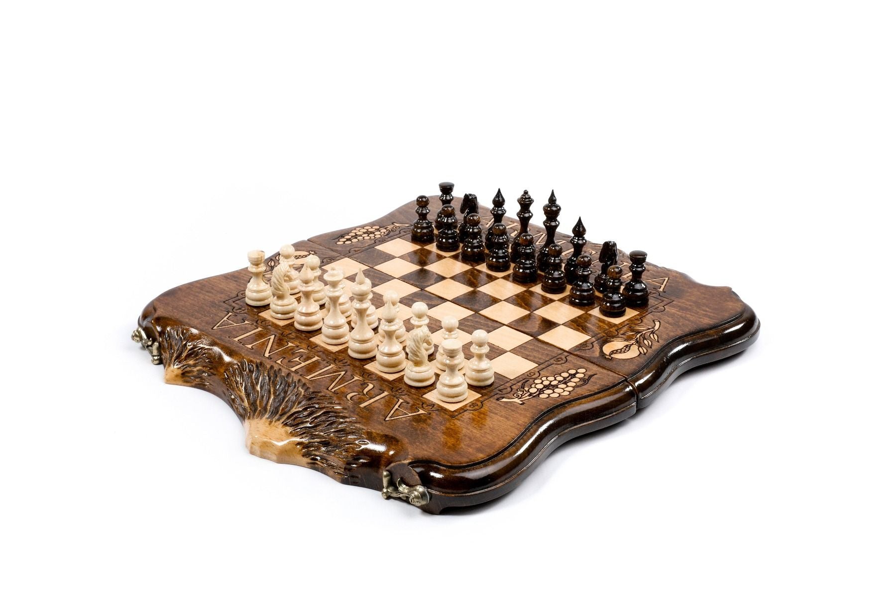 Exterior view of the combined wooden chess and backgammon board featuring the exclusive copyrighted Mount Ararat outline.