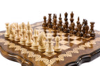 Wooden chess board featuring carved contour detailing and fine craftsmanship