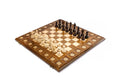 Exterior view of the classic wooden chess and backgammon board showcasing the intricate traditional carpet design.