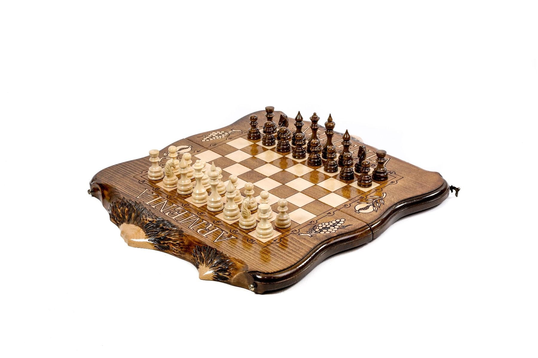 Exterior view of the combined wooden chess and backgammon board showcasing the classic Mount Ararat design.