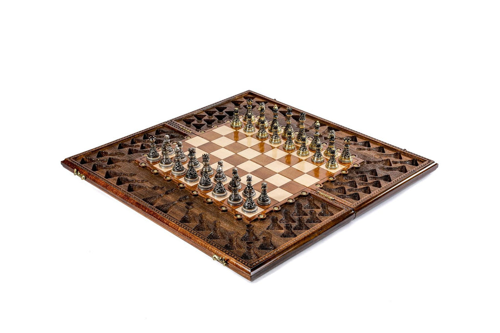 Luxury Armenian chess set with bronze pieces and bas relief design