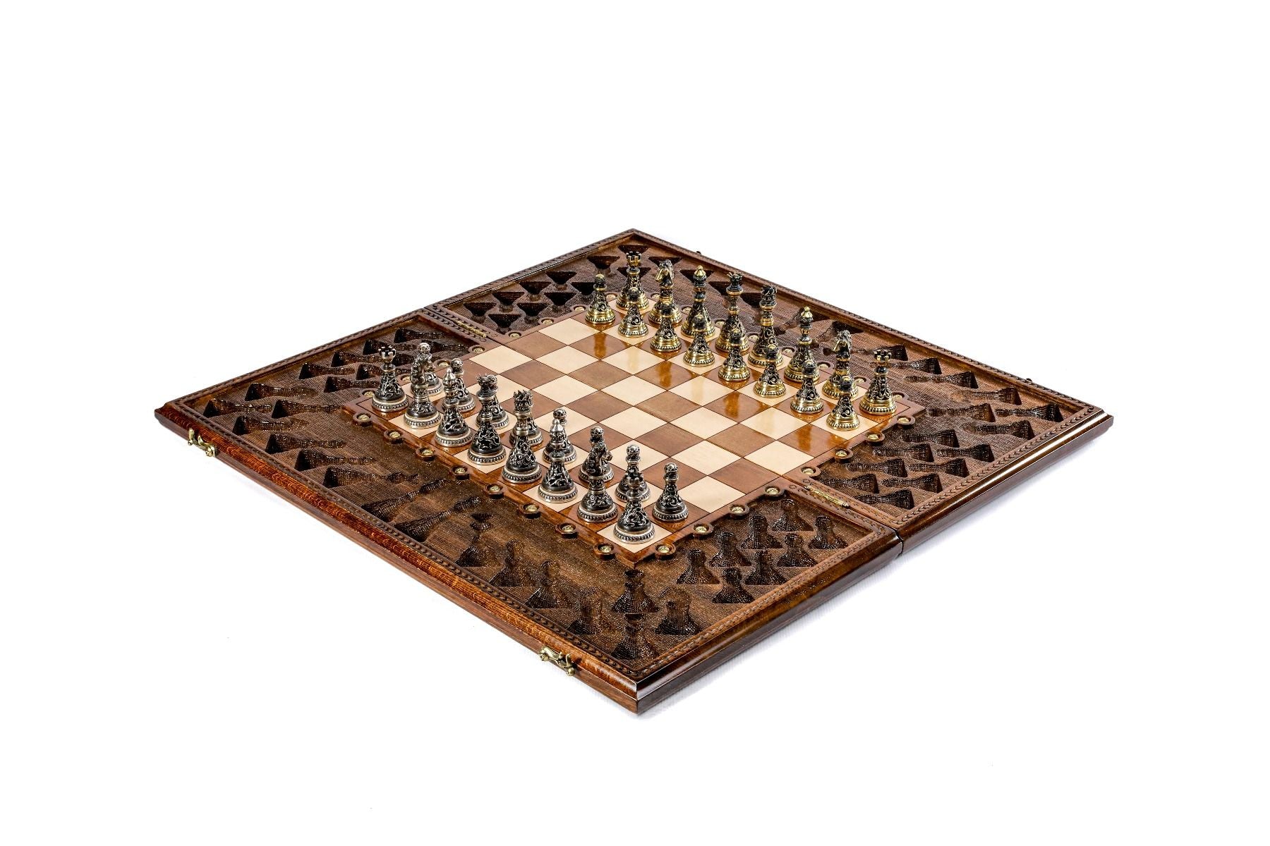Luxury Armenian chess set with bronze pieces and bas relief design