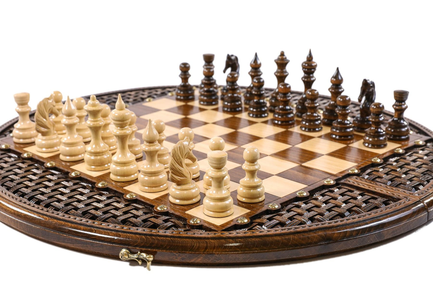 Round chess board featuring intricate carving and handmade craftsmanship.