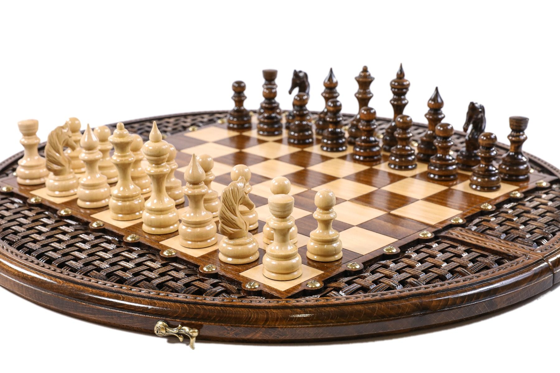 Round chess board featuring intricate carving and handmade craftsmanship.