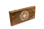 Armenian ornament backgammon set closed, front view of the lattice lid and pale round panel