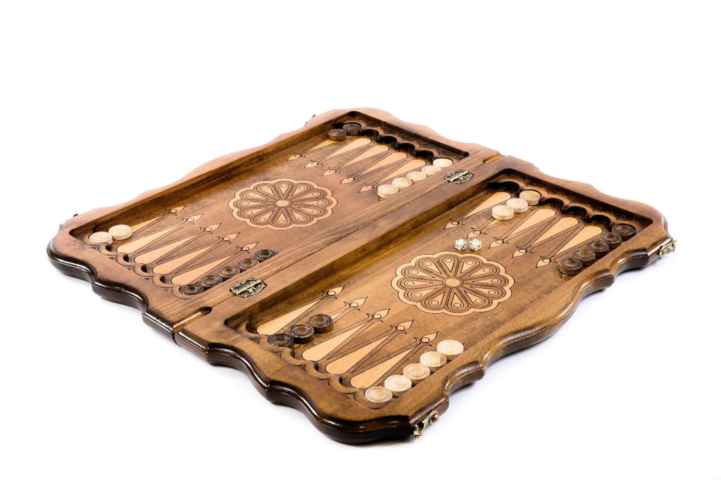 Premium handcrafted chess set with Armenian motif and integrated backgammon board