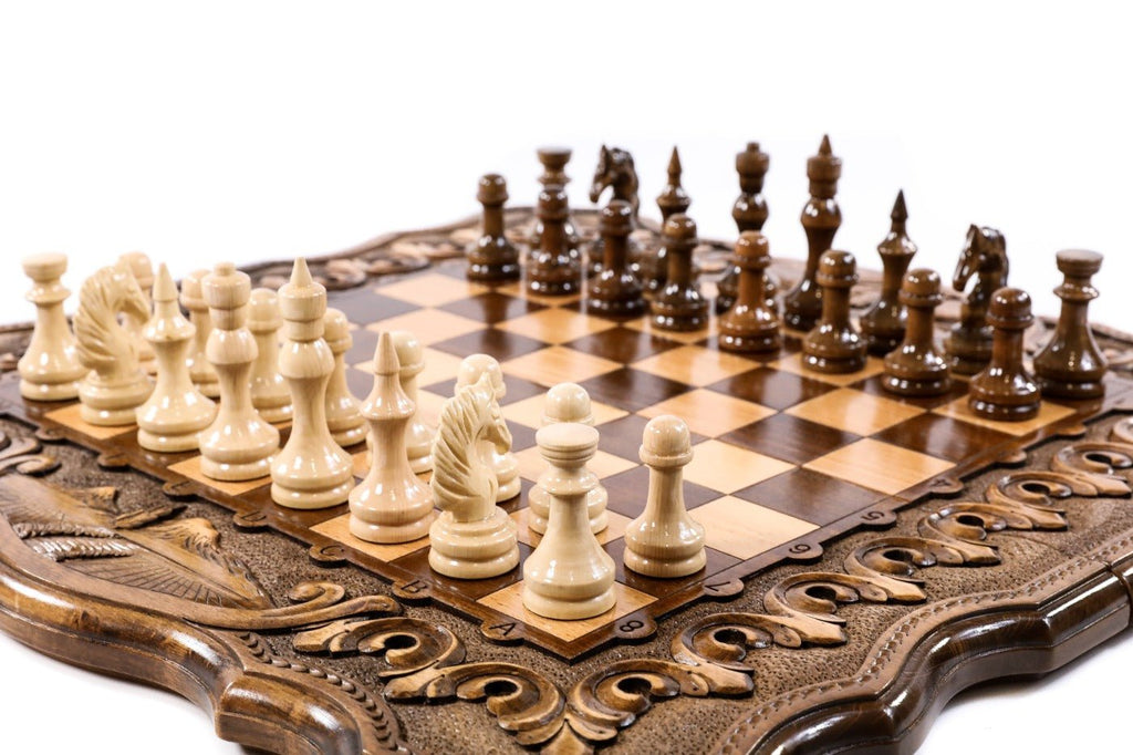 Wooden chess board featuring detailed Mount Ararat carved craftsmanship