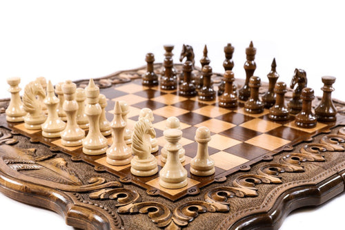 Wooden chess board featuring detailed Mount Ararat carved craftsmanship