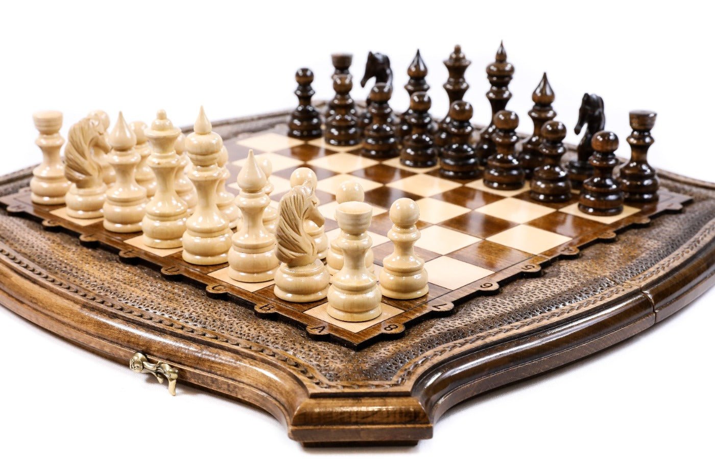 Handcrafted wooden chess set and wooden backgammon Armenian themed craftsmanship