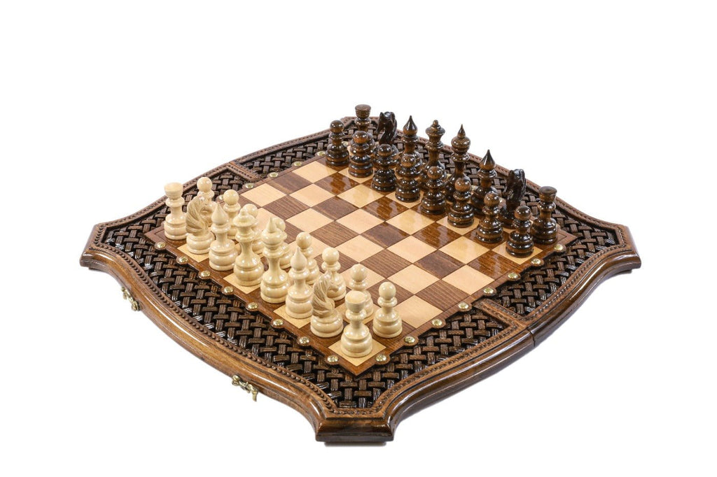 Luxury Armenian wooden chess set with braid pattern and contour outline