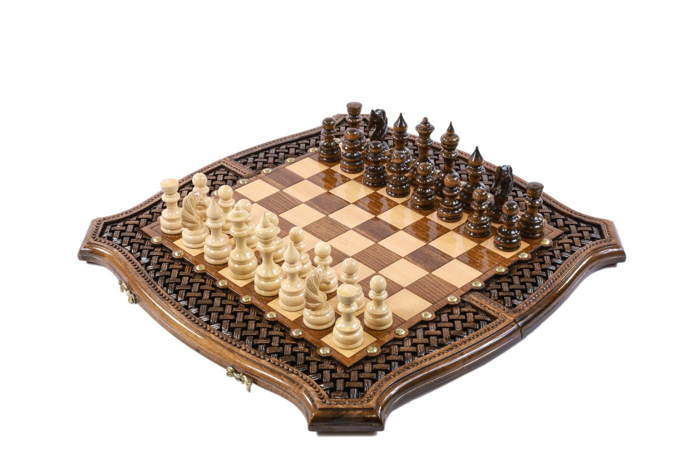 Luxury Armenian wooden chess set with braid pattern and contour outline