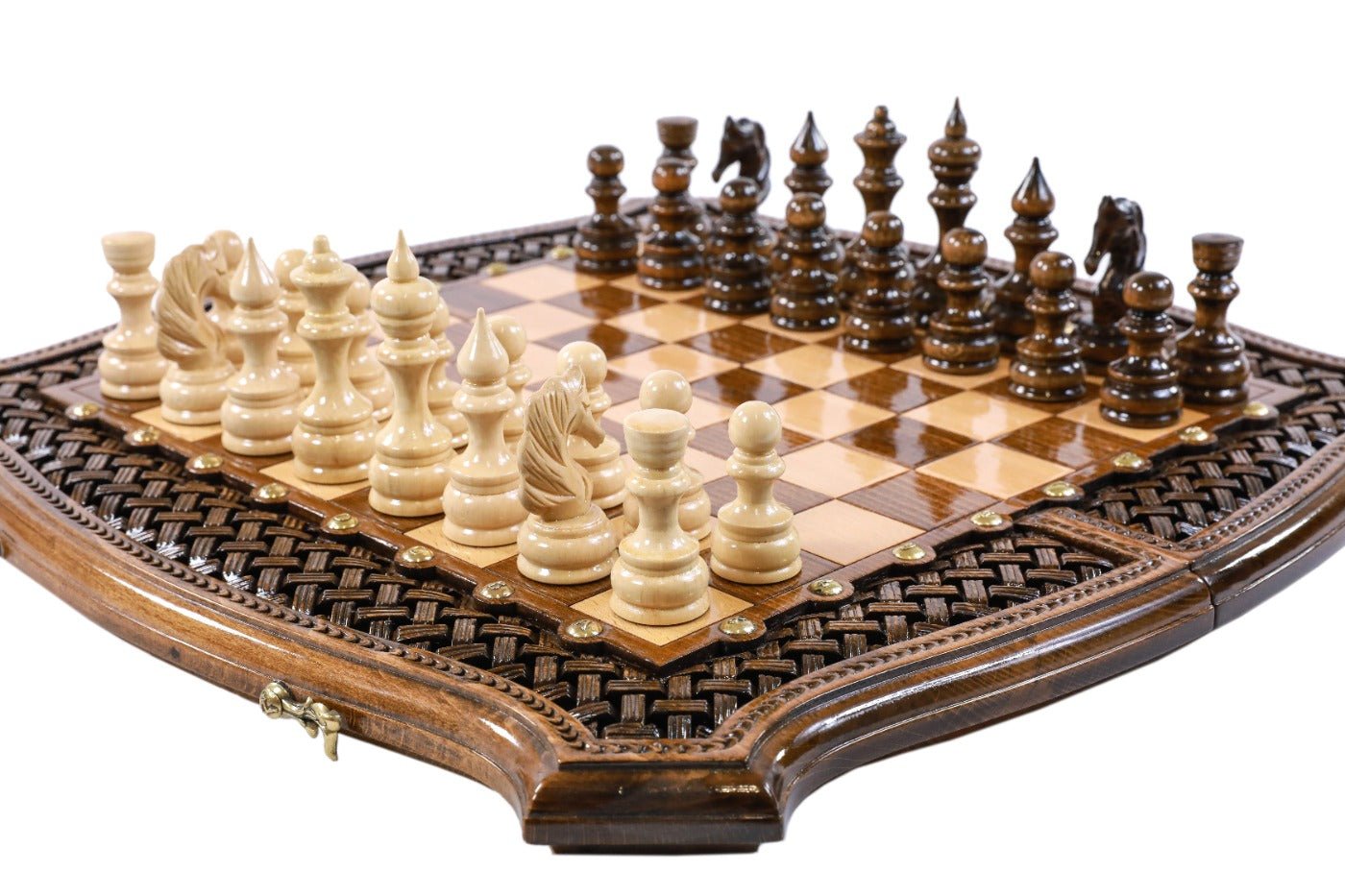 Handcrafted wooden chess set and wooden backgammon Armenian themed design