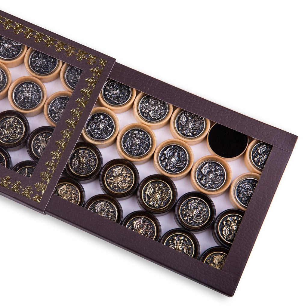 Luxury Wood & Bronze Backgammon Pieces - Russian Coat of Arms - Unumperfectus