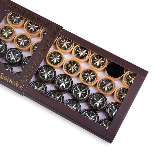 Wooden Backgammon Pieces - Octagram Star Design with Bronze Detail