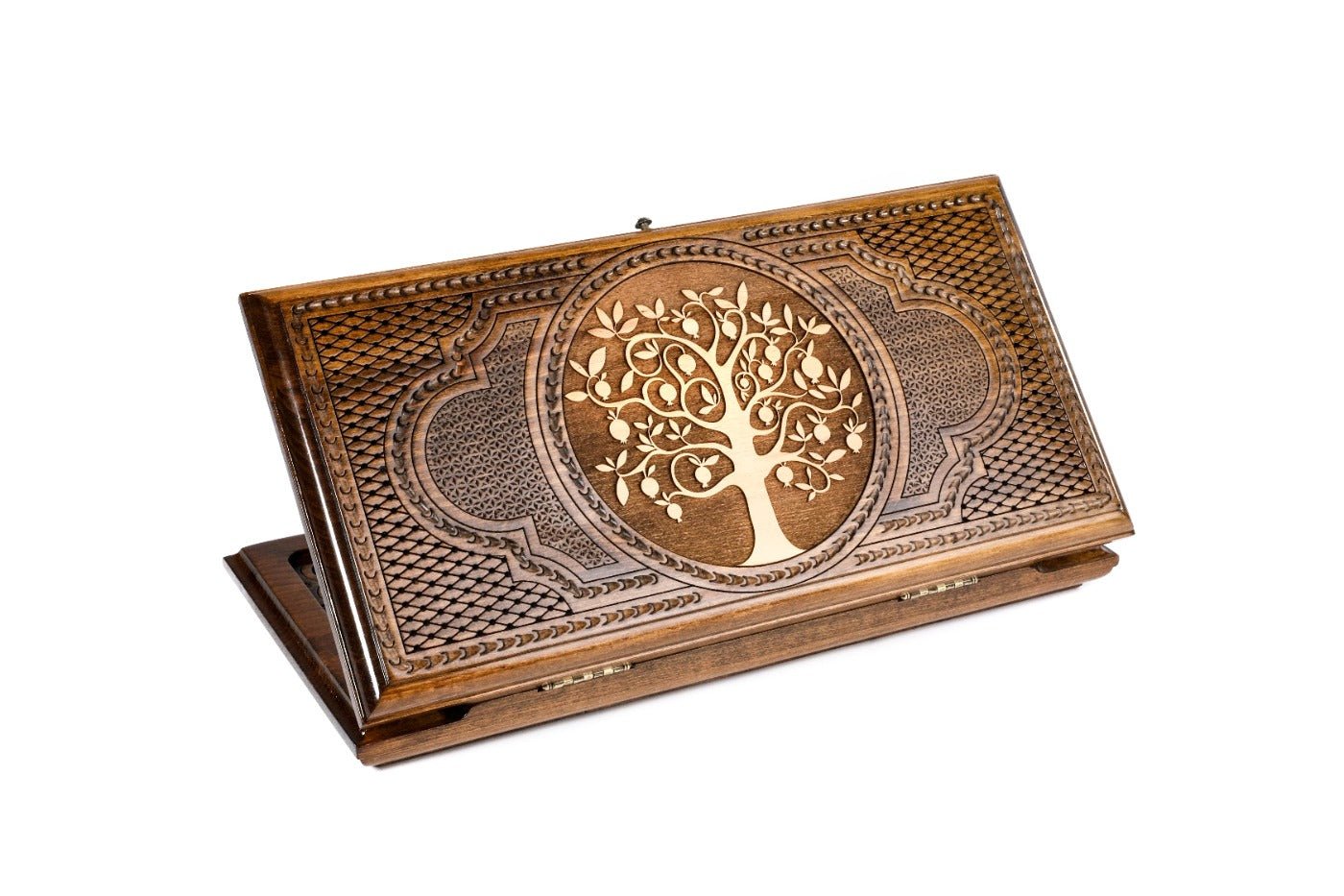 Closed Pomegranate Tree backgammon board showing the sprawling hand-carved branches and fruit.