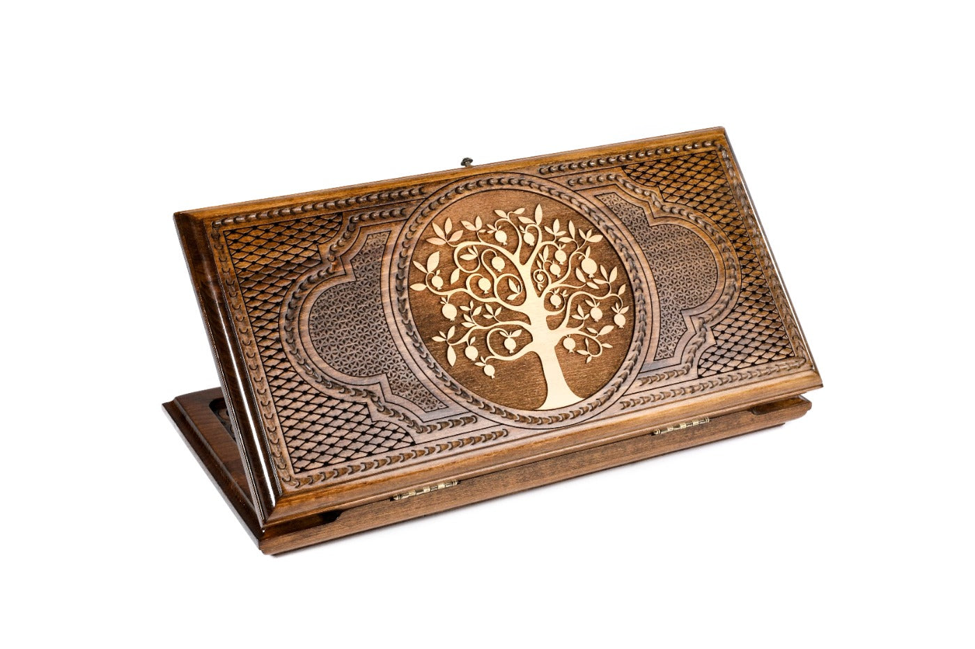 Closed Pomegranate Tree backgammon board showing the sprawling hand-carved branches and fruit.