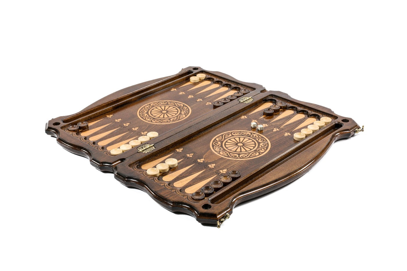 A close-up view of the hand-carved eternity symbol, showcasing the depth and precision of the solid wood craftsmanship.