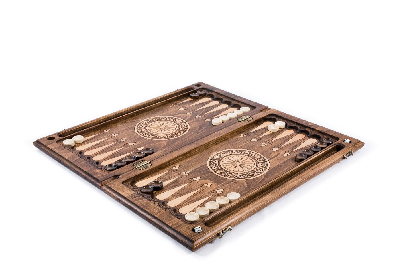 A close-up view of the snowflake's intricate geometric carving, showcasing the depth and precision of the artisan's woodcraft.