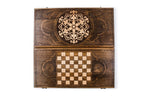 Ornamental Snowflake backgammon board - playing pieces and dice arranged on the board