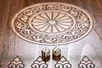 Ornamental Snowflake backgammon board - detail of the wood grain and finish