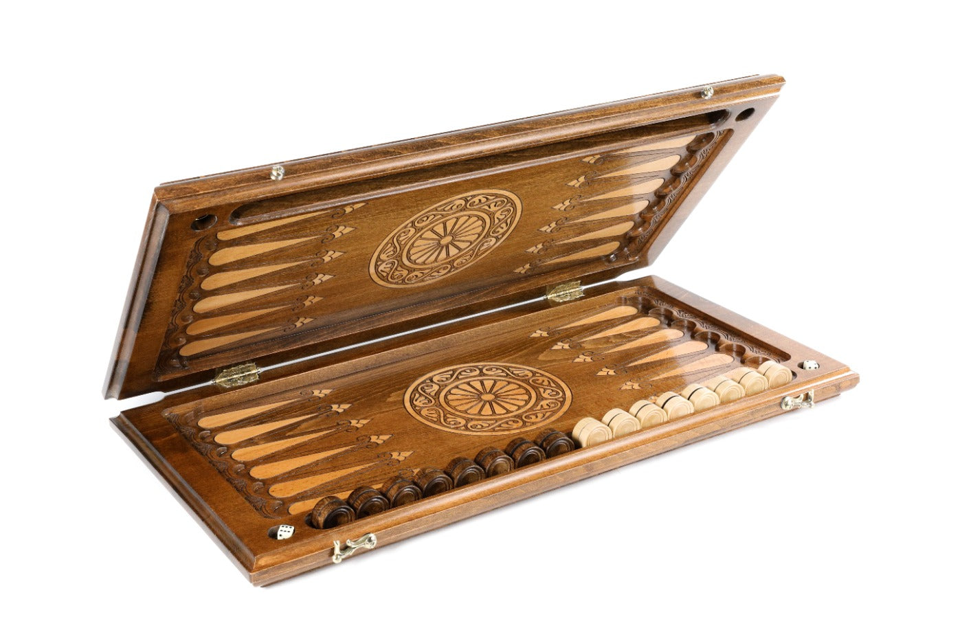 The interior view of the open Hrachya Ohanyan snowflake set highlighting the smooth wood grain and professional-grade playing surface.
